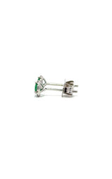 18K WHITE GOLD EMERALD STUD EARRINGS WITH DIAMOND HALO  G10833