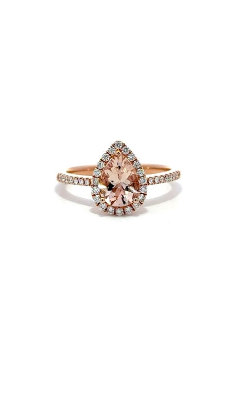 14K ROSE GOLD MORGANITE RING WITH HALO AND SIDE DIAMONDS  G14958