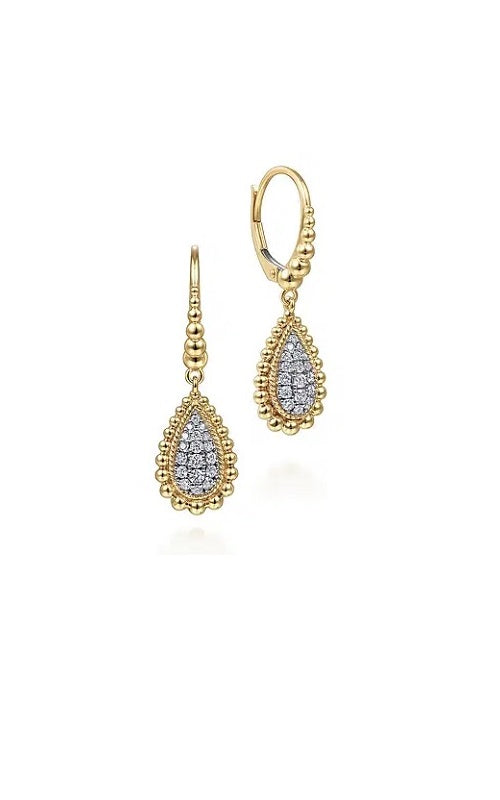 14K Yellow Gold Teardrop Shape Beaded Frame Diamond Drop Earrings G15903