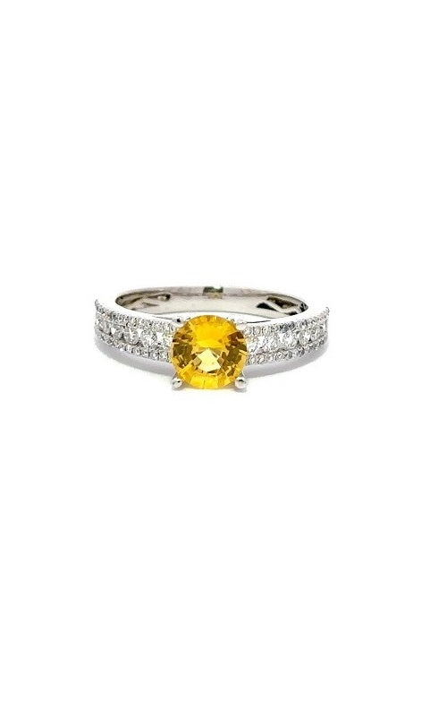 18K WHITE GOLD YELLOW SAPPHIRE RING WITH HALO AND SIDE DIAMONDS  G8208