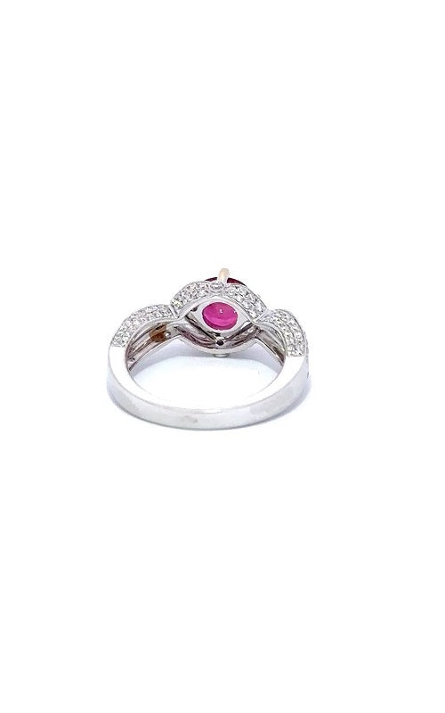 18K WHITE GOLD RUBY RING WITH HALO AND SIDE DIAMONDS  C10397