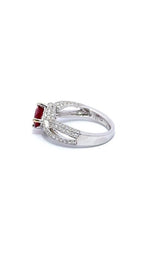18K WHITE GOLD RUBY RING WITH HALO AND SIDE DIAMONDS  C10397