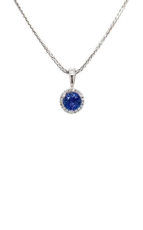 Oval blue sapphire pendant with diamond halo in a white gold setting, on a white gold chain.