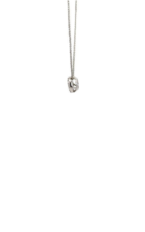 Side view of diamond halo pendant in white gold.