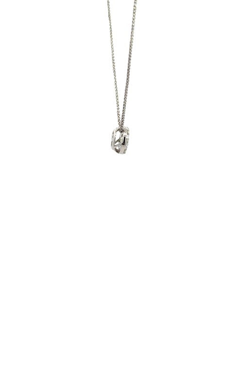 Side view of diamond halo pendant in white gold.