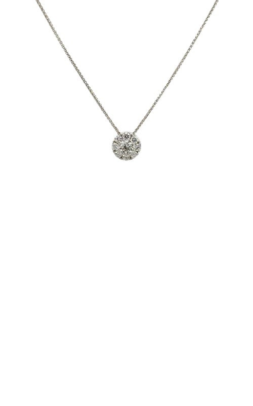 Diamond halo pendant in white gold.