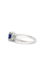 18K WHITE GOLD SAPPHIRE RING WITH HALO AND SIDE DIAMONDS  G11957