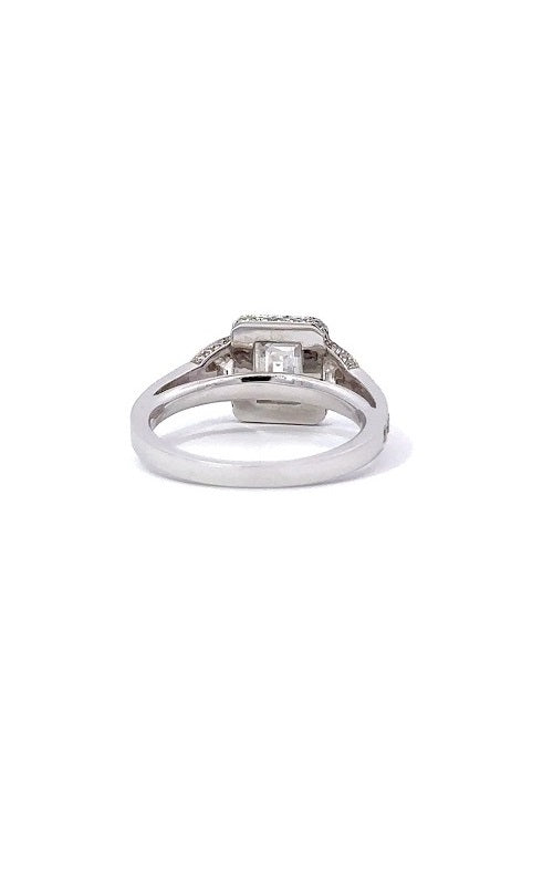 18K WHITE GOLD EMERALD CUT ENGAGEMENT RING WITH HALO AND SIDE DIAMONDS   G11958