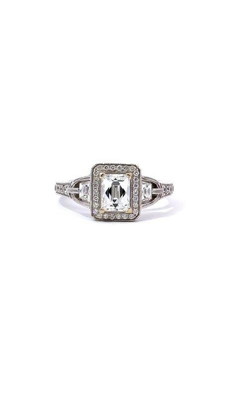18K WHITE GOLD EMERALD CUT ENGAGEMENT RING WITH HALO AND SIDE DIAMONDS   G11958