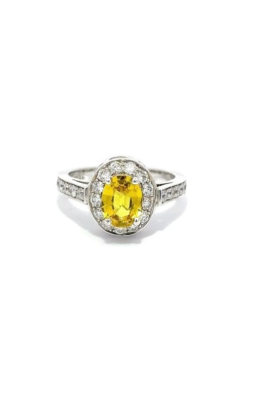 14K WHITE GOLD YELLOW SAPPHIRE RING WITH HALO AND SIDE DIAMONDS  G12074