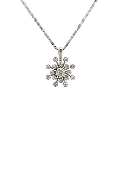 Diamond snowflake pendant in silver chain.