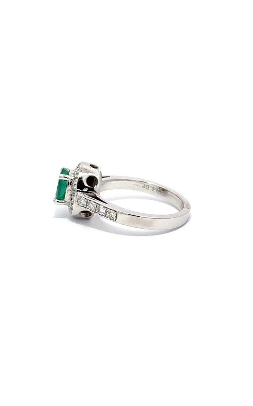 14K WHITE GOLD EMERALD RING WITH HALO AND SIDE DIAMONDS  G12093