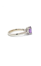 18K WHITE GOLD THREE-STONE PURPLE SAPPHIRE AND DIAMONDS RING  G12109