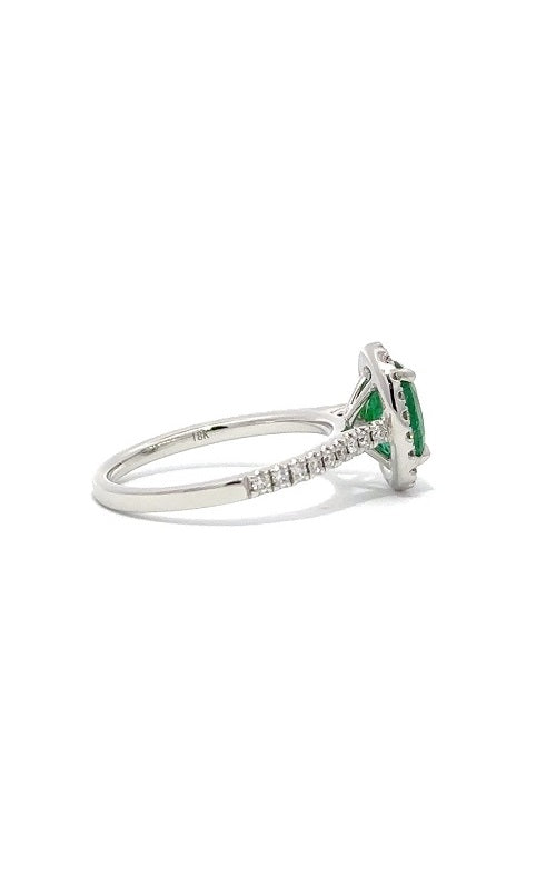 18K WHITE GOLD EMERALD RING WITH HALO AND SIDE DIAMONDS  G12151