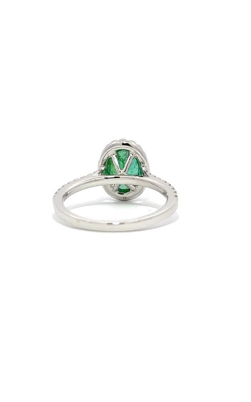 18K WHITE GOLD EMERALD RING WITH HALO AND SIDE DIAMONDS  G12151