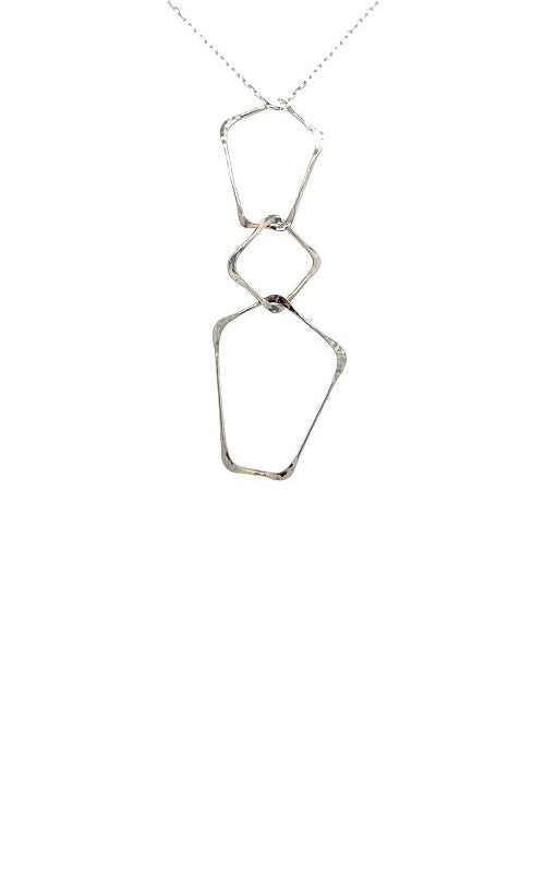 Silver hammered geometric pendant with a textured surface.