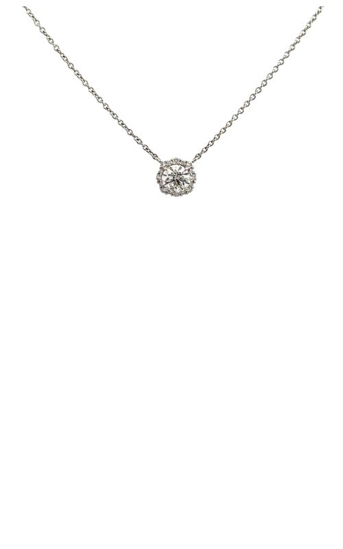 Diamond halo pendant necklace with a delicate chain.