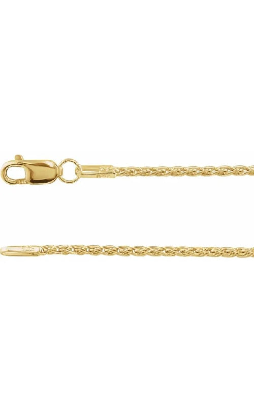 Gold chain with a lobster clasp on a white background.