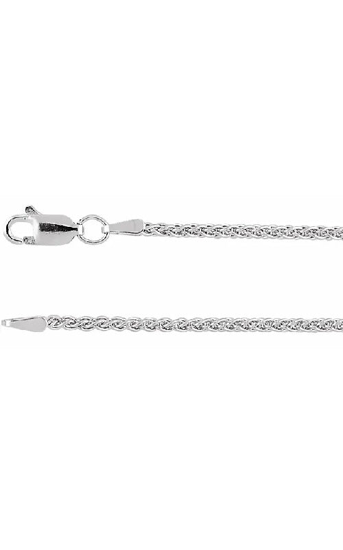 Silver chain with a lobster clasp on a white background.