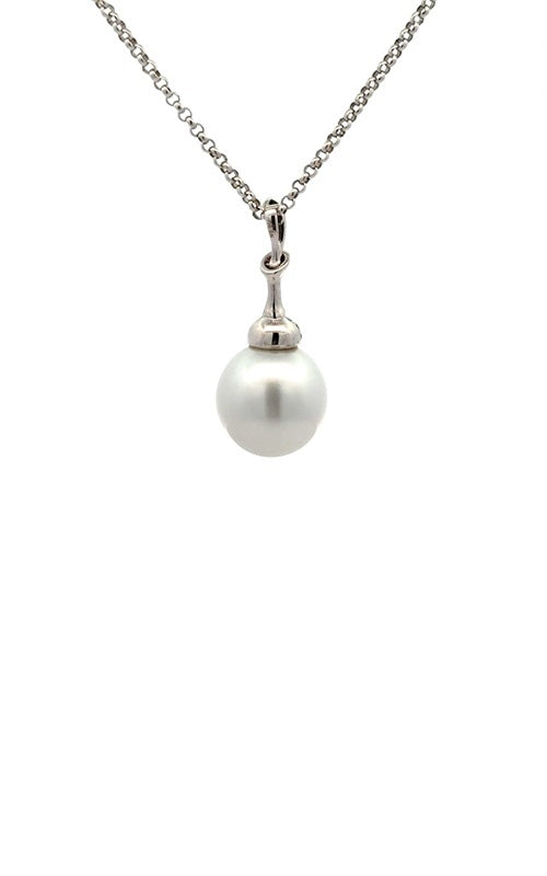 Silver necklace with white pearl pendant with diamond accents