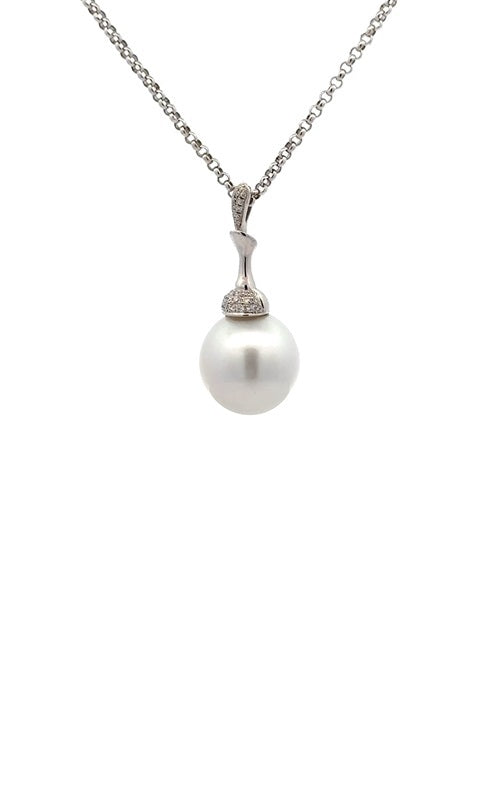 Silver necklace with white pearl pendant with diamond accents