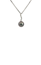 Silver necklace with a black Tahitian pearl and diamond accents pendant.