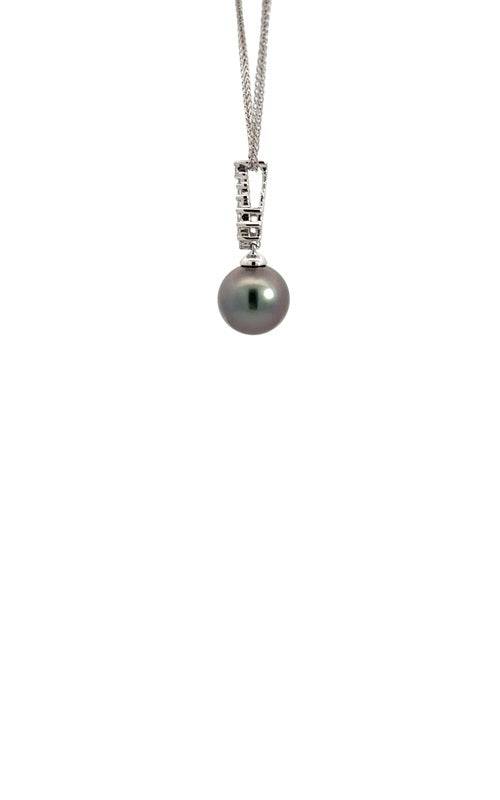 Silver necklace with a black Tahitian pearl and diamond accents pendant.