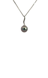 Silver necklace with a black Tahitian pearl and diamond accents pendant.