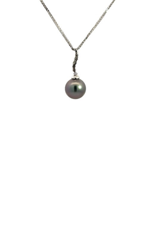 Silver necklace with a black Tahitian pearl and diamond accents pendant.