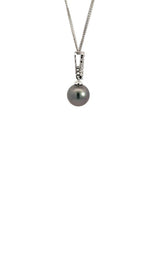 Silver necklace with a black Tahitian pearl and diamond accents pendant.