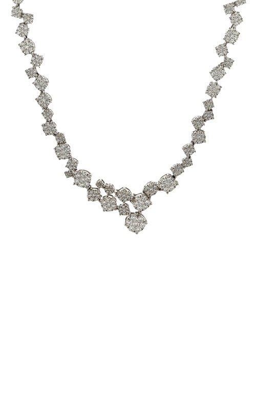 Silver necklace with round-cut diamonds in a cascading, floral-inspired design.