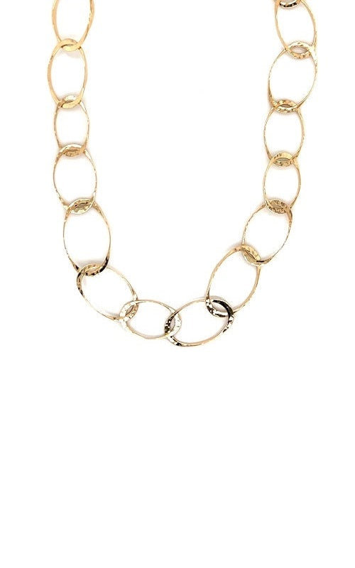 Gold chain necklace with large, oval-shaped links.