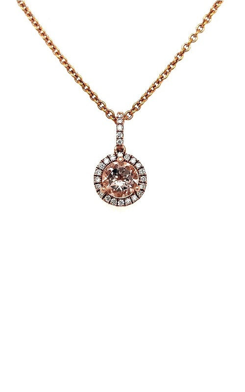 Rose gold pendant with a round morganite center stone surrounded by a diamond halo.