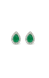 18K WHITE GOLD EMERALD STUD EARRINGS WITH DIAMOND HALO  G13404