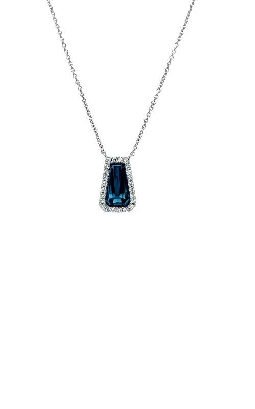 Blue Topaz and Diamond Pendant with a white gold chain.