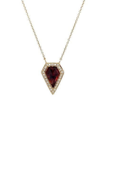 Gold geometric pendant with a kite-shaped garnet center stone, surrounded by a diamond halo.