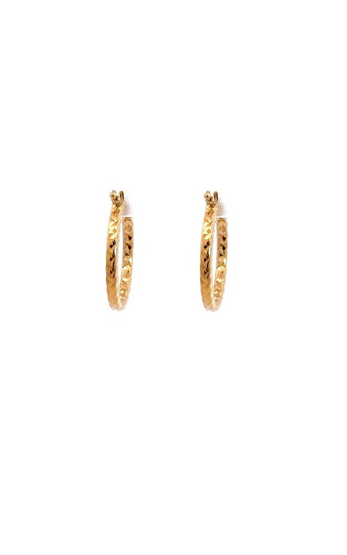  Pair of gold hoop earrings with a textured, hammered surface.