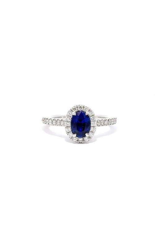 18K WHITE GOLD SAPPHIRE RING WITH HALO AND SIDE DIAMONDS  G14400