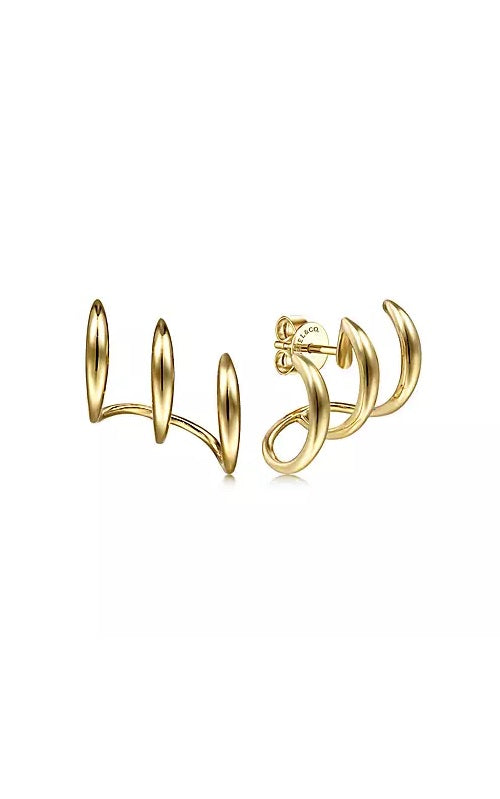 14K Yellow Gold Curving Three Row Stud Earrings G14579