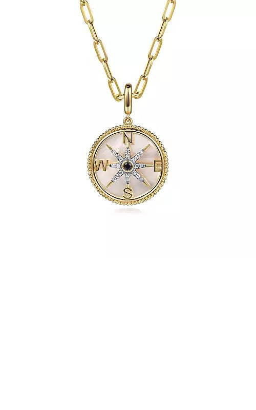 14K Yellow Gold Diamond & Blue Sapphire Compass Medallion Pendant G14621