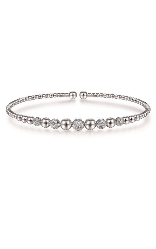 14K White Gold Bujukan Bead Cuff Bracelet with Pavé Diamond Stations  G14855