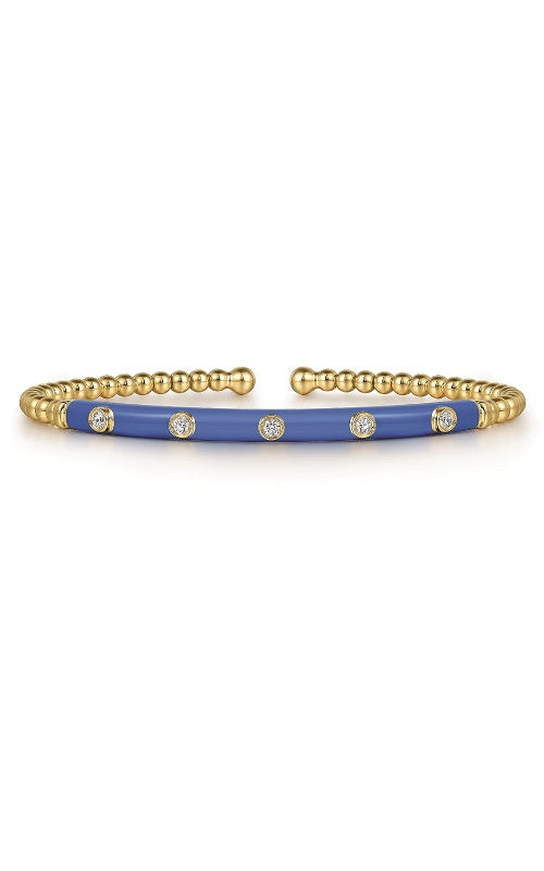 14K Yellow Gold Bujukan Beads and Diamond Split Bangle with Deep Blue Enamel   G14860