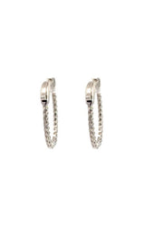 Silver hoop earrings with a twisted, rope-like design.