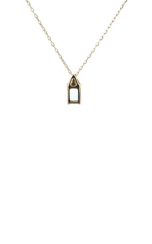 Back view of gold necklace with with an emerald-cut aquamarine and diamond accents.