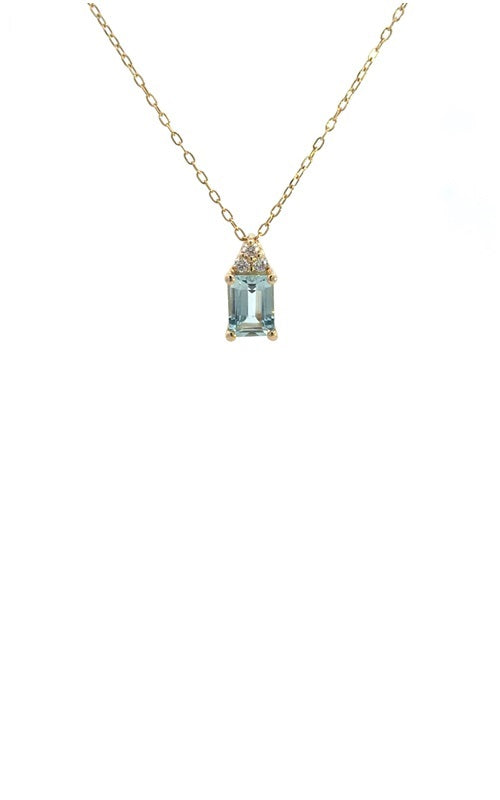 Gold necklace with with an emerald-cut aquamarine and diamond accents.