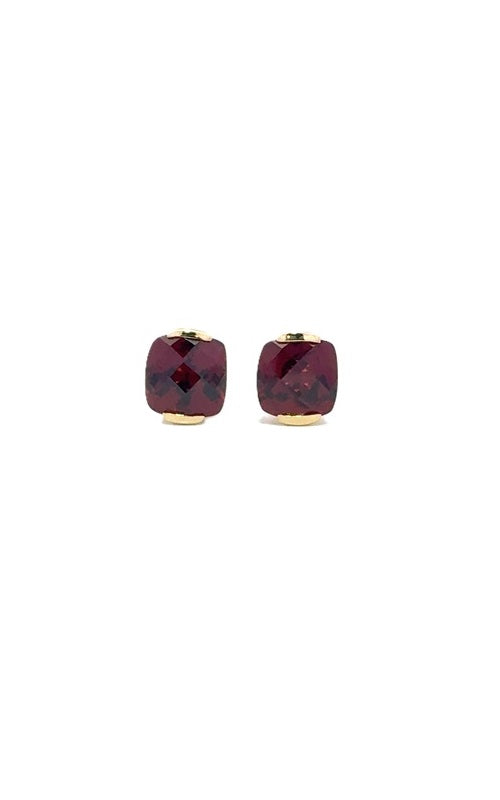  Pair of gold stud earrings with square-cut red garnet gemstones.