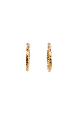  Pair of gold hoop earrings with a textured, hammered surface.