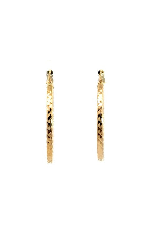 Pair of gold hoop earrings with a twisted, rope-like design.