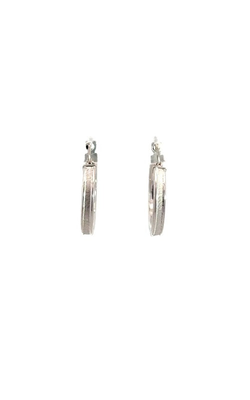 Pair of silver hoop earrings with a hinged closure.