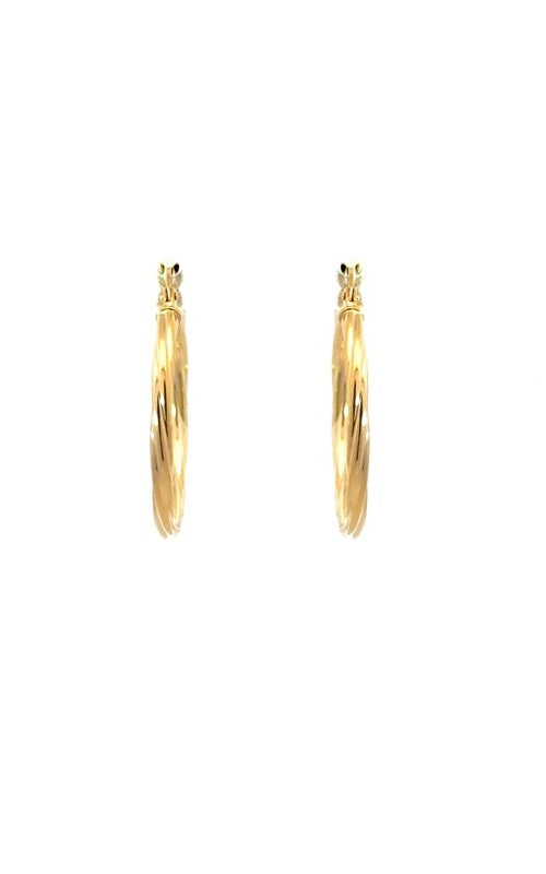 Pair of gold hoop earrings with a twisted, rope-like design.